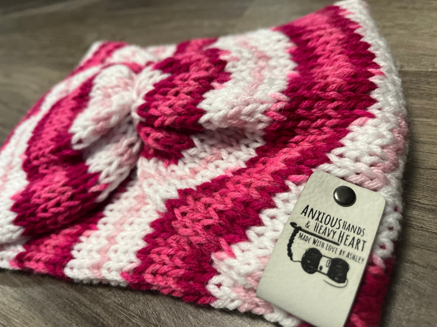 Knitting Machine Twisted Headband - Pink White Multi