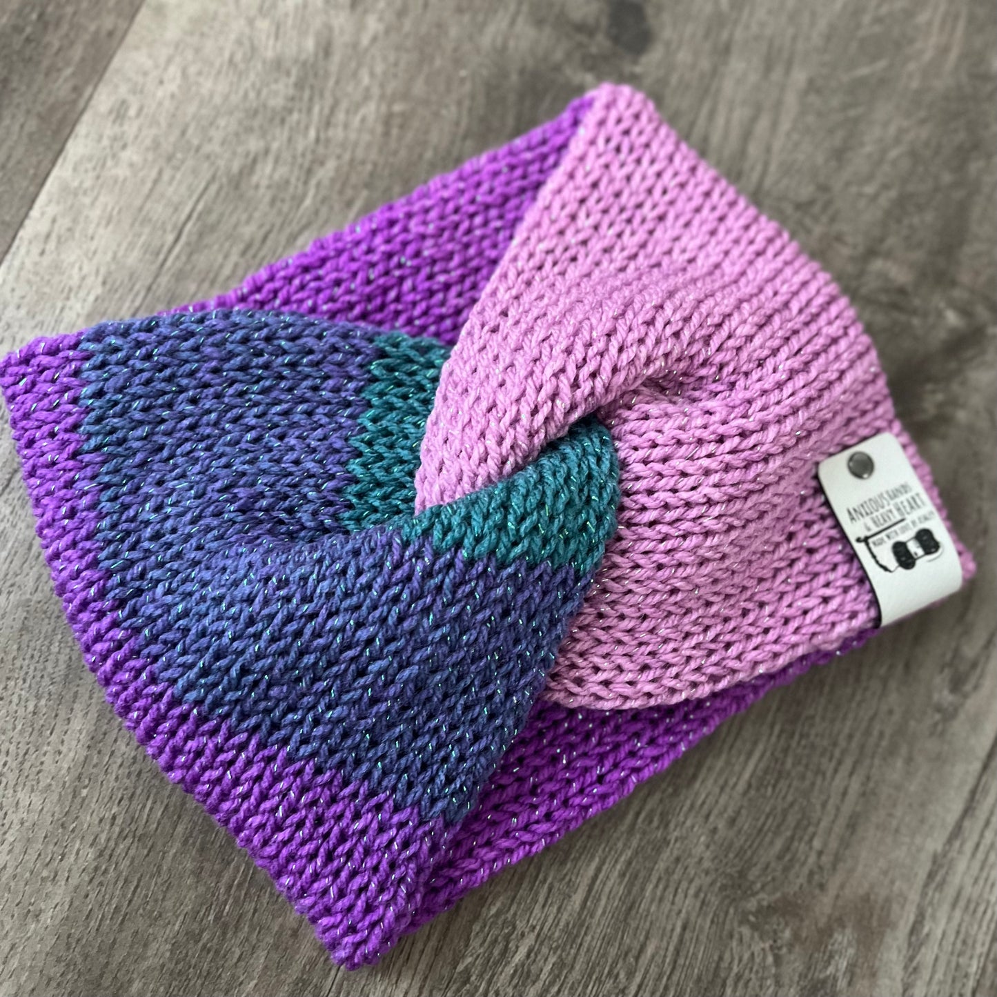 Knitting Machine Twisted Headband - Pink/Purple/Teal Sparkle