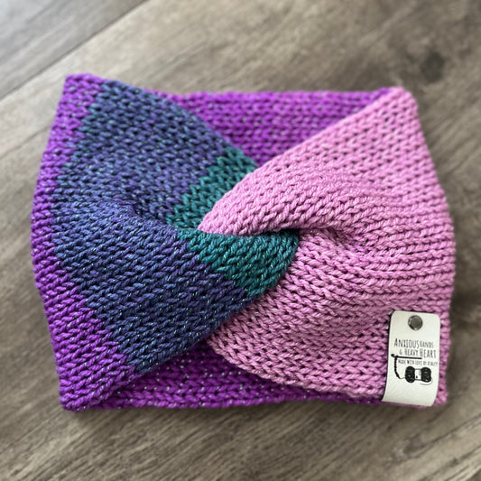 Knitting Machine Twisted Headband - Pink/Purple/Teal Sparkle