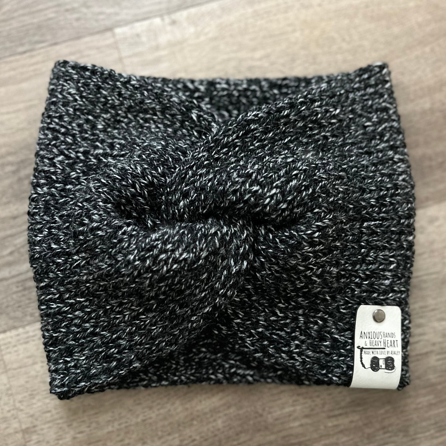 Knitting Machine Twisted Headband - Black/White Heather