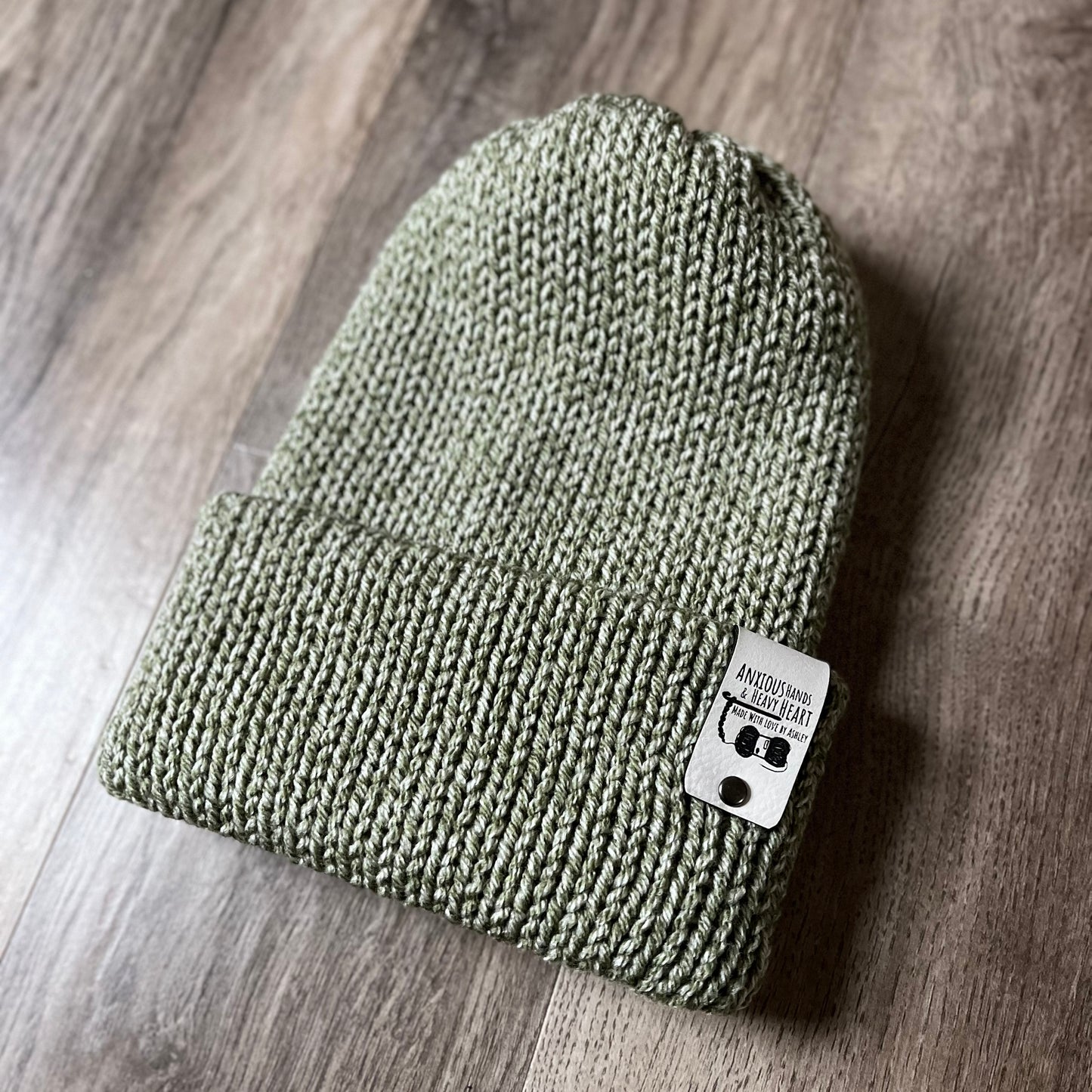 Adult Knitting Machine Beanie - Olive Green Heather