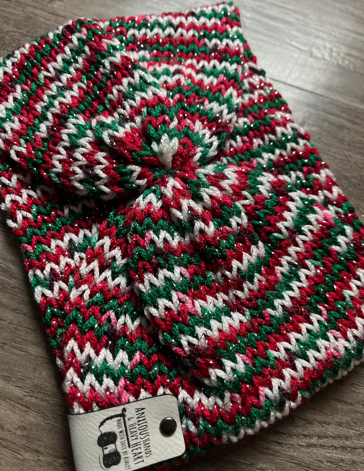 Knitting Machine Christmas Headband - Sparkle Red Green & White