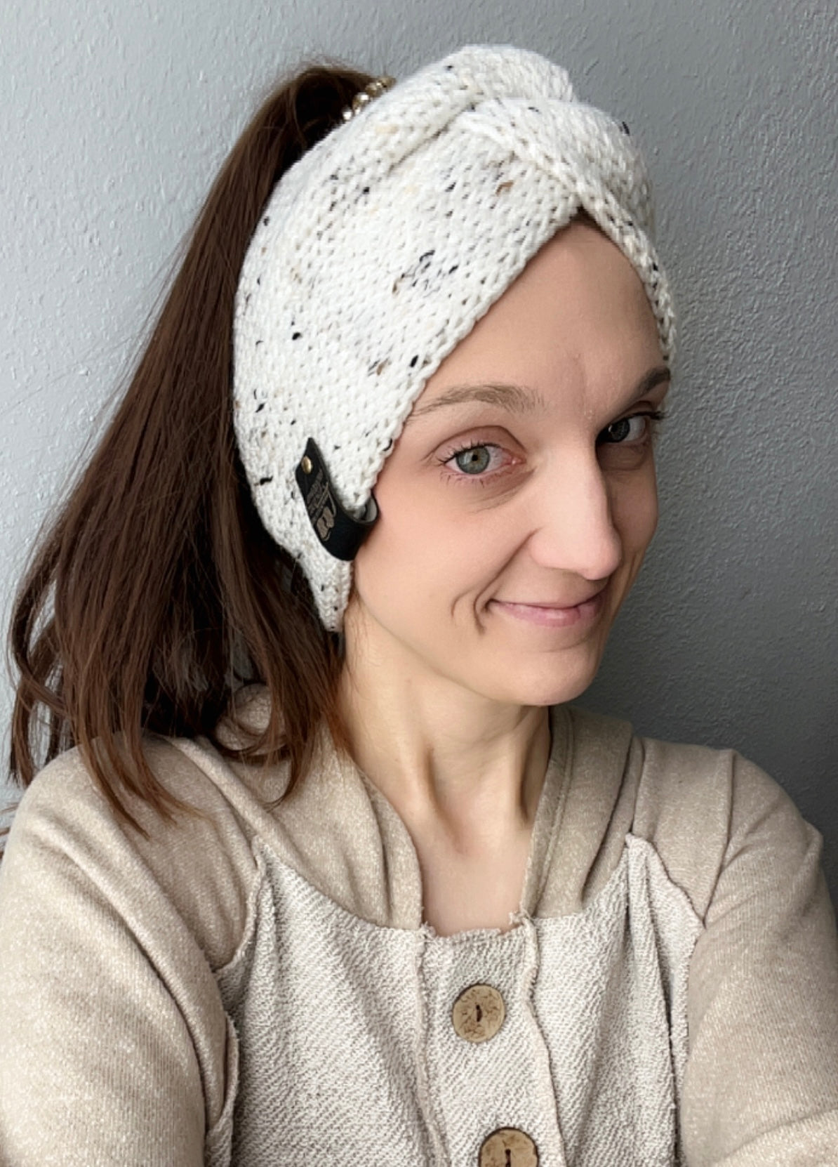 Knitting Machine Twisted Headband - White Tweed