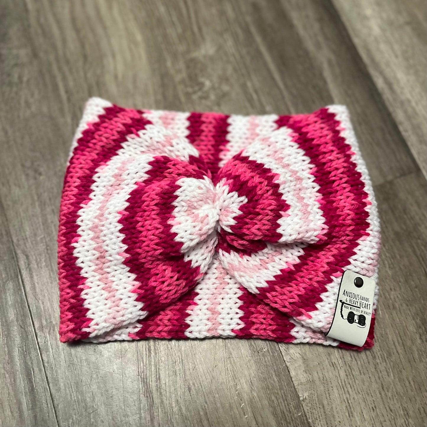 Knitting Machine Twisted Headband - Pink White Multi