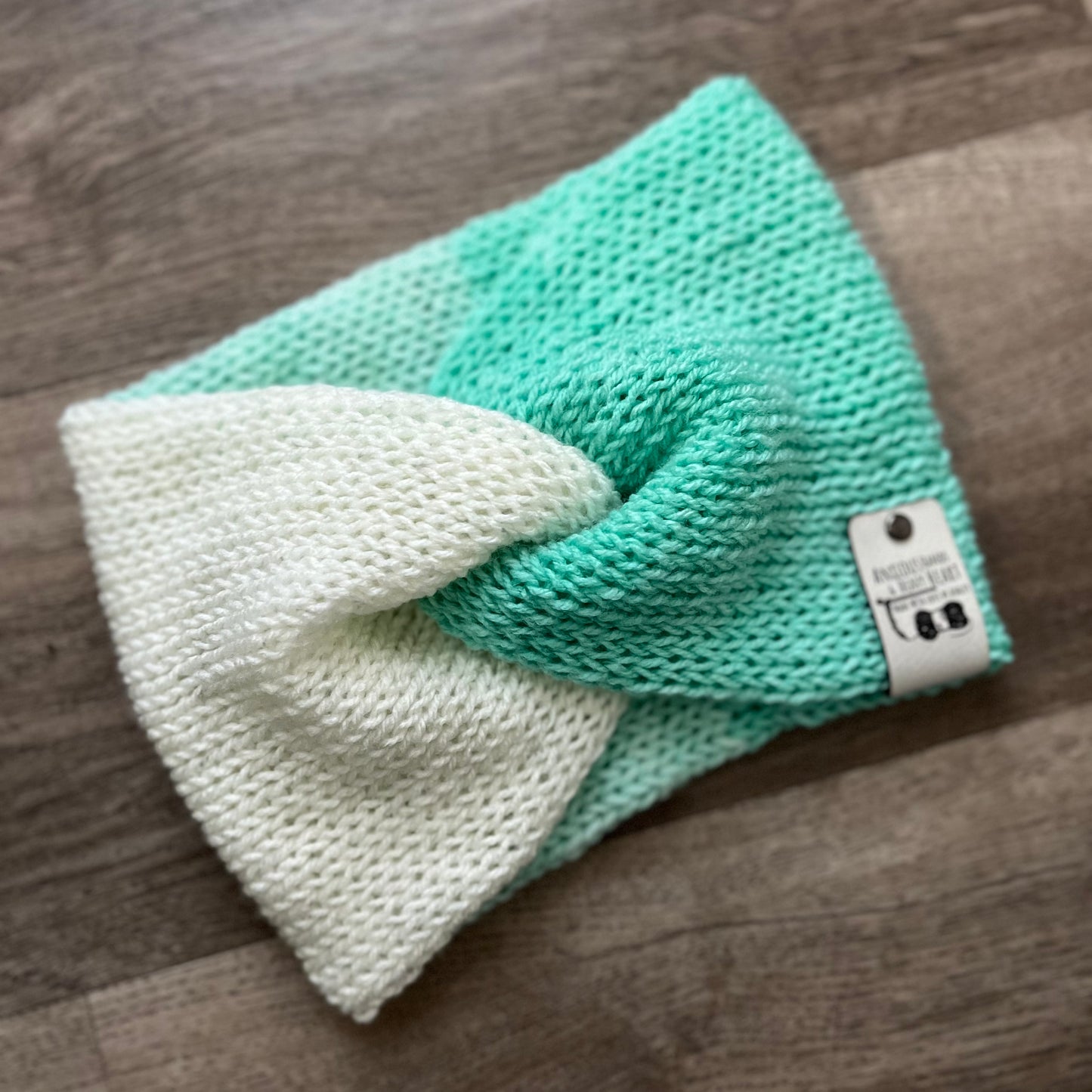 Knitting Machine Twisted Headband - White/Teal