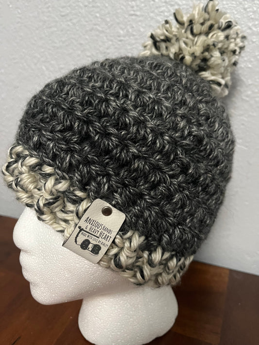 Big Kids/Small Adult Crochet Hat Dark Grey/Cream