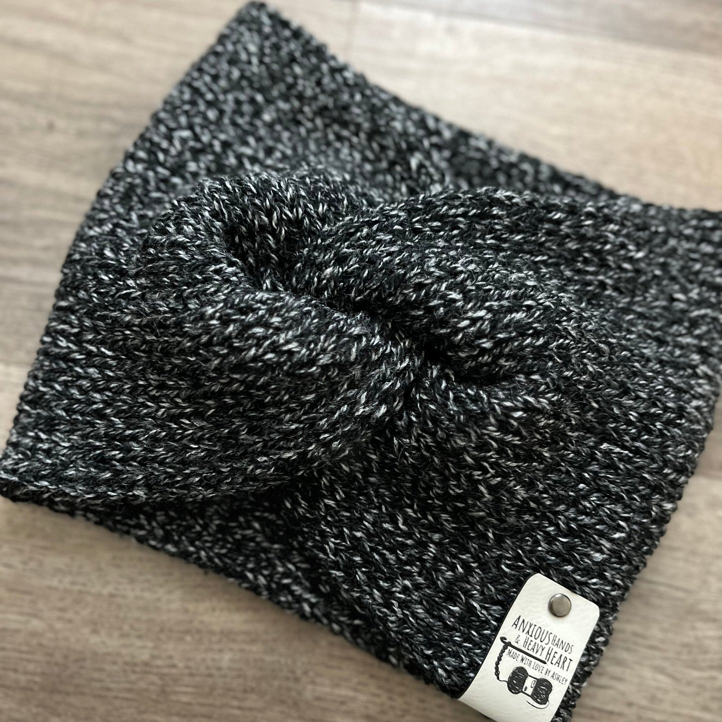 Knitting Machine Twisted Headband - Black/White Heather