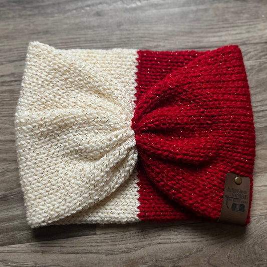 Knitting Machine Christmas Headband - Sparkle Red & Cream Gold