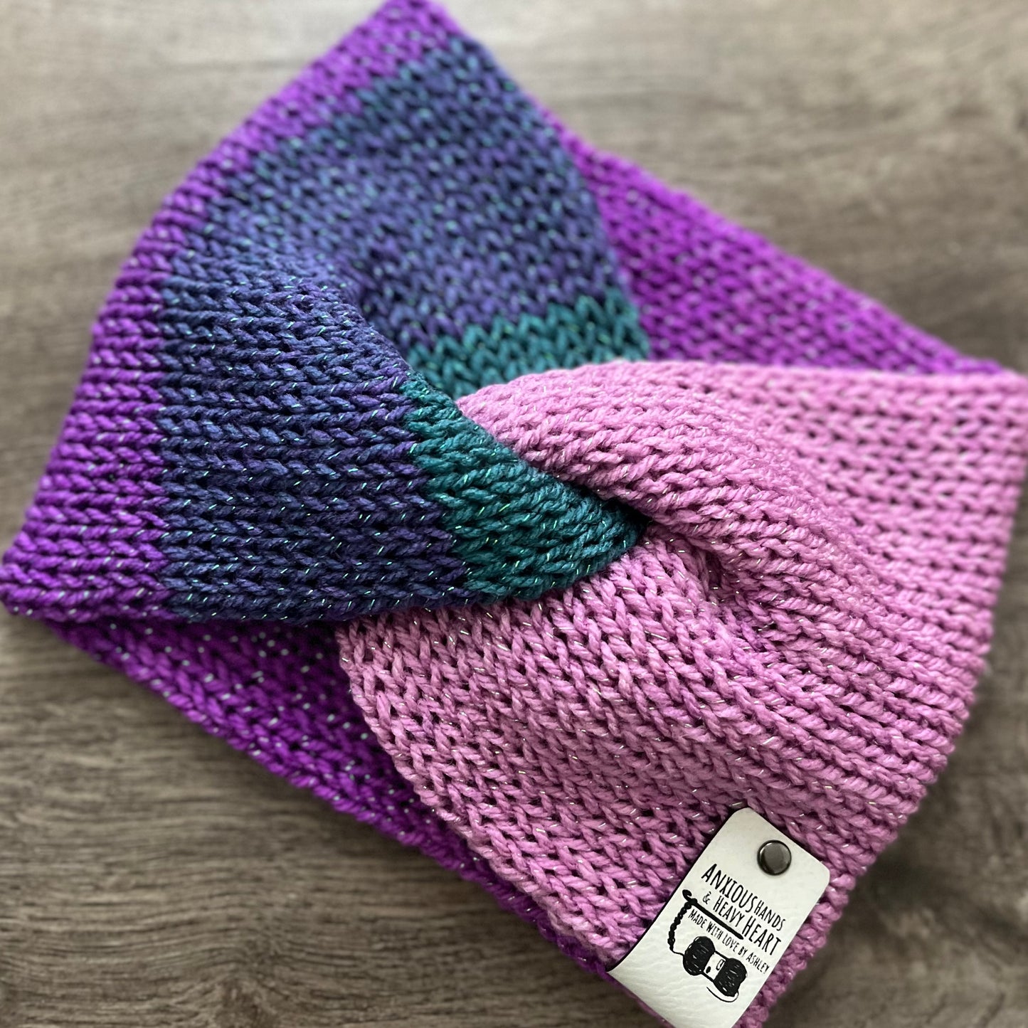 Knitting Machine Twisted Headband - Pink/Purple/Teal Sparkle