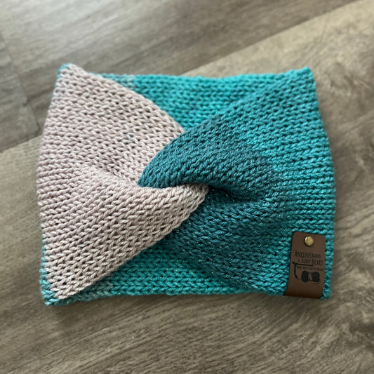 Knitting Machine Twisted Headband - Teal/Cream Sparkle